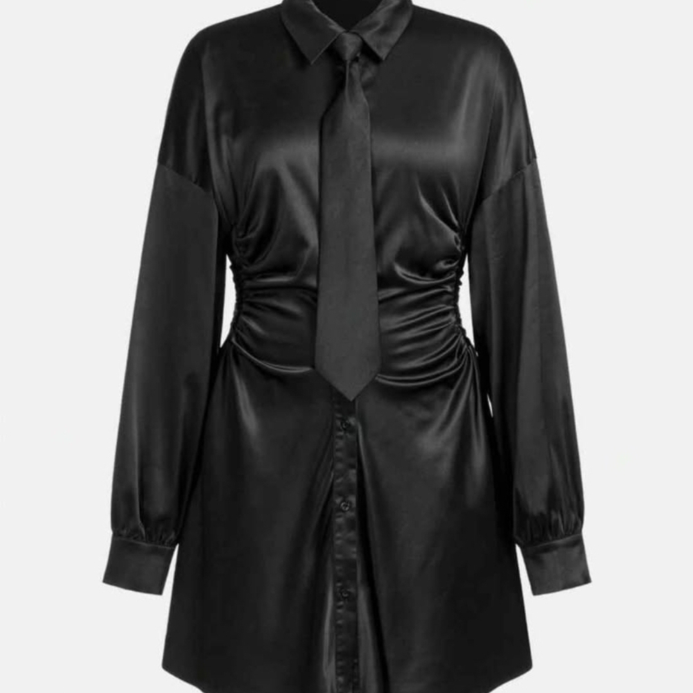 Black Satin Shirt Dress with Tie